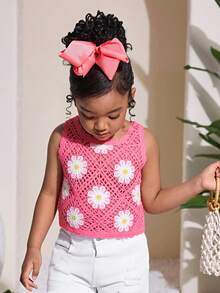 Young Girl Fashionable Vacation Fitted Camisole Crochet Floral Knit Tank Top, Pink - Pink - View 3