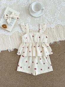 SHEIN 两件套女婴夏季套装，可爱樱桃印花吊带背心搭配松紧腰短裤和发带，柔软舒适，适合春夏外出，是送给6个月至3岁宝宝的绝佳礼物。 - 杏色 - 查看 3