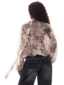 Aveloria GENKIRA 豹纹雪纺衬衫，配系带围巾，V领长袖半透明衬衫，宽松百搭，优雅别致，适合通勤、朋克风、休闲穿着，春夏皆宜。 - 彩色 - 查看 5