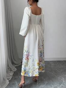 Modelyn Women's Crossed Wrap Lantern Sleeve Mid-Length Dress - Apricot - View 2