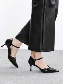 CUCCOO BIZCHIC Tacones de aguja de moda con diseño de hebilla y punta afilada para mujer - Negro - Ver 3