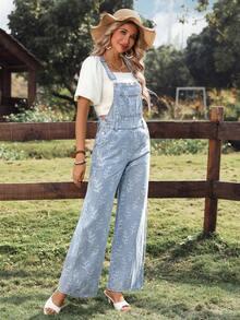 Breezaya Women's Plant Pattern Pocket Casual Wide Leg Denim Jumpsuit Spring Summer  Vacation - Blue - View 3