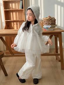 DAZY Young Girl Long Sleeve Button Half Placket Mesh Hem Hoodie Shirt And Pants Cute Set - White - View 2