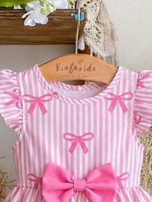 Elladie kids 1件女婴连衣裙，适合6个月至2-3岁，甜美公主风，粉白条纹+蝴蝶印花+短袖+3D蝴蝶结设计，轻盈柔软，可爱俏皮，适合生日派对/日常穿着，夏季款。 - 彩色 - 查看 5