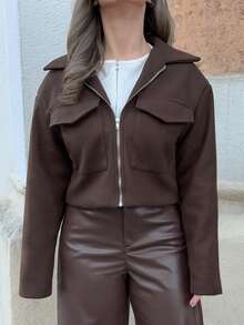 Jeta Ari Women's Casual Solid Color Cropped Jacket, Versatile For Autumn - Coffee Brown - View 3