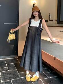 DAZY 女士复古无袖牛仔背带裙，设计细节让您看起来更年轻更苗条，中长款连身裙 - 黑色 - 查看 9