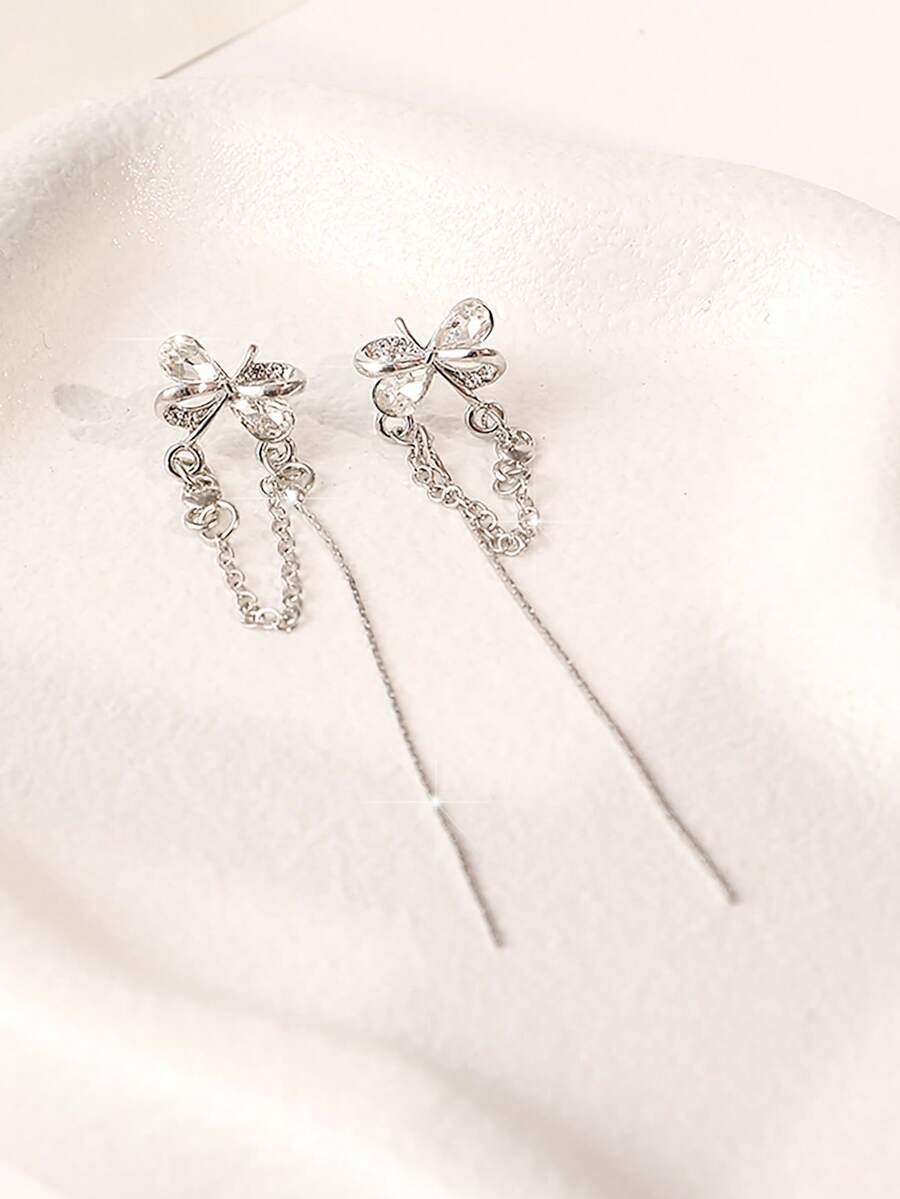 Enchnt 1 par de pendientes tipo ear cuff de lujo con cristal de circonia, mariposa y borla, diseño romántico y elegante para uso versátil - 1 par de orejeras - Ver 1