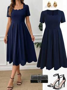 Ellevyn Women's Solid Color Arc Collar Short Sleeve Elegant Mid-Length Dress Navy Blue Elegant Dress Elegant Midi Dress Scallop Neck Dress Pleated Midi Dress Short Sleeve Dress Spring Summer Vacation Women's Day Elegant Work Wear Gift For Mom A-Line Festival Outfit Beach Date Night ,Summer Dress,Spring Dresses For Women - Navy Blue - View 2