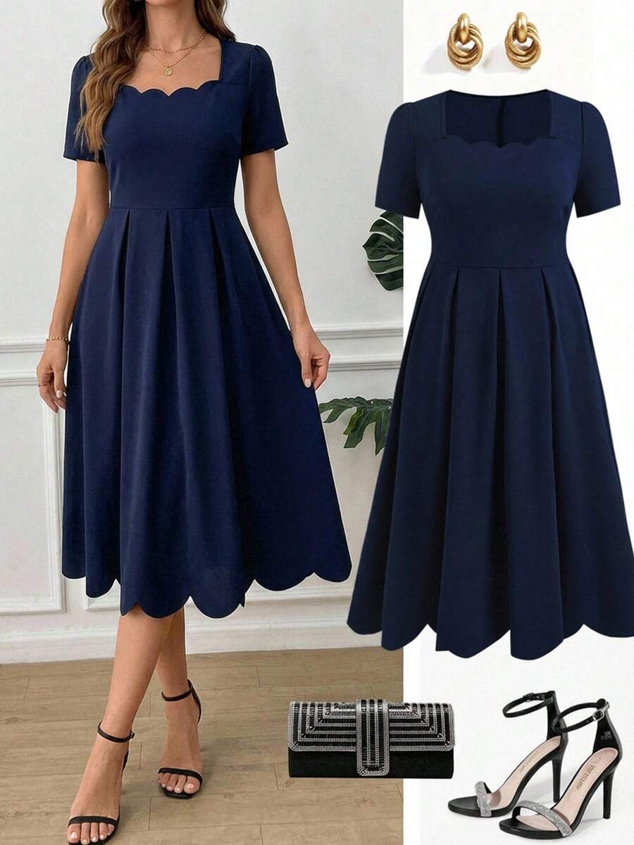 Ellevyn Women's Solid Color Arc Collar Short Sleeve Elegant Mid-Length Dress Navy Blue Elegant Dress Elegant Midi Dress Scallop Neck Dress Pleated Midi Dress Short Sleeve Dress Spring Summer Vacation Women's Day Elegant Work Wear Gift For Mom A-Line Festival Outfit Beach Date Night ,Summer Dress,Spring Dresses For Women