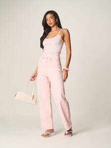 MISSGUIDED Quần jeans ống đứng cạp trung bình, chất liệu denim, họa tiết sọc dọc màu hồng, kiểu dáng rộng rãi, thích hợp mặc mùa hè, xuân, có túi hai bên. - Hồng - Xem 3