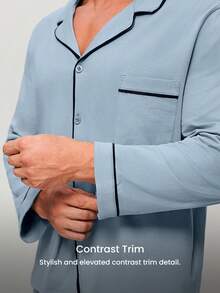 LUVLETTE Plus Size Spring And Summer Soft 100% Pure Cotton Sky Blue Basic Long Button-Up Top & Pants Pajama Sets For Men Lounge Sets For Men Pants With Pockets Pyjama - Blue - View 5