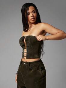 Denimoi 丝绒牛仔吊带镂空无肩带束身胸衣性感上衣夜店装GNO演唱会服装 - 軍綠色 - 查看 6