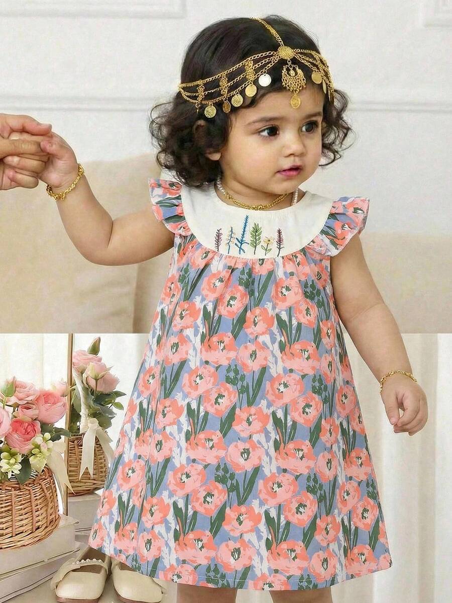 女婴春夏休闲度假甜美碎花印花拼接刺绣荷叶边宽松A字连衣裙，粉色梭织印花连衣裙 - 粉色 - 查看 1