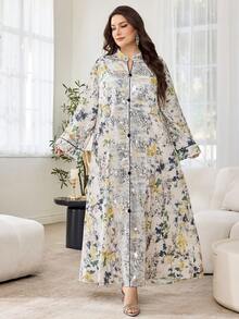 Al Najma Casual Minimalist Allover Print Stand Collar Long Sleeve Loose Regular Dress For Plus Size Women, Spring/Autumn - Multicolor - View 7