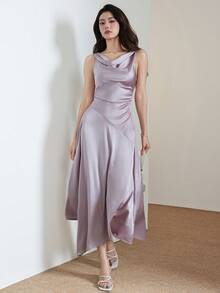Heiryn Women's Elegant Summer Dusty Mauve Satin Cowl-Neck Asymmetric Midi Dress,Bias-Cut Party Evening & Wedding-Guest Dress,Solid Color Pleated Sleeveless - Pink - View 2