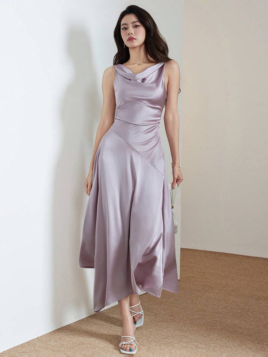 Heiryn Women's Elegant Summer Dusty Mauve Satin Cowl-Neck Asymmetric Midi Dress,Bias-Cut Party Evening & Wedding-Guest Dress,Solid Color Pleated Sleeveless