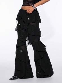 SHEIN ICON Shiny Chiffon Fabric Multi-Layered Ruffle Hem Low Waist Women's Pants - Black - View 5