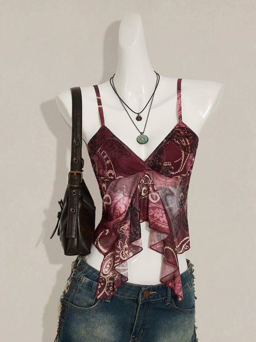 SHEIN ICON Spaghetti Strap V-Neck Ruffle Trim Fitted Summer Fashion Tank Top - Burgundy - View 1