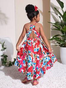 Young Girl Casual Vacation Daily Halter Curved Hem Dress, Vacation Print - Multicolor - View 1