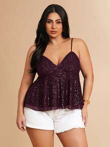 SHEIN BAE 大码秋冬纯色性感深V领棕色亮片吊带女式吊带背心，适合派对鸡尾酒会、音乐会等场合，也适合夏季假期、春假、情人节、狂欢节等场合，是2026年狂欢节女装的理想之选。 - 酒紅色 - 查看 7