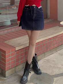 DAZY Chân váy denim ngắn nữ màu trơn, túi xéo, kiểu dáng thường ngày, đa năng. - Rửa tối - Xem 2