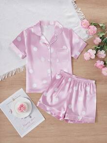 Mädchen Polka Dot Muster Lässig Loose Shorts & Kurzarm Loungewear Set - Pink - Übersicht 1