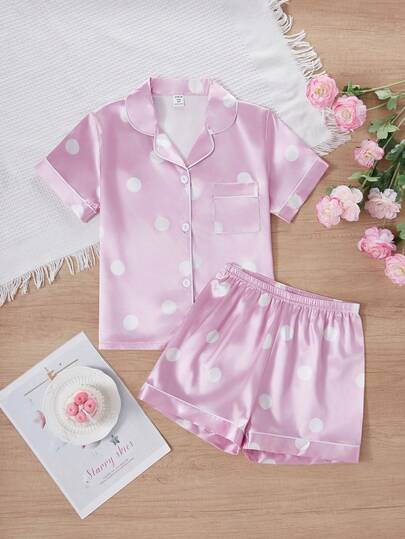 Conjunto de pantalones cortos y blusa de manga corta informal y holgada con estampado de lunares para niñas