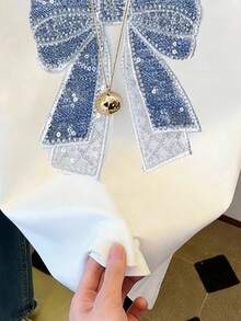 1pc Teen Girl White T-Shirt, Colorblock Sequin Bow Print Casual Minimalist Short Sleeve Tee, Suitable For Summer - White - View 5