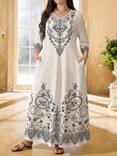 Al Najma Đầm maxi dài tay cổ chữ V dáng suông thoải mái có túi dành cho nữ cỡ lớn, thích hợp cho mùa xuân/thu.