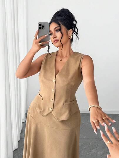 Elenzga Conjunto de top sin mangas y falda evasé elegante y casual para vacaciones para mujer de talla grande