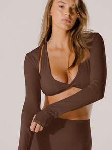 Aralina Leisurewear Crop Active Shrug With Thumb Detail And Bag - Brown - View 5