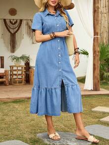 Elenzga Đầm denim tay ngắn dành cho nữ với viền bèo nhún thanh lịch - Màu xanh lam - Xem 5