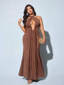 Viva Relle 大码女士性感夏季度假系带镂空扭结露背无袖棕色咖啡色高弹针织连衣裙，百搭派对夜店装扮 - 咖啡棕 - 查看 5