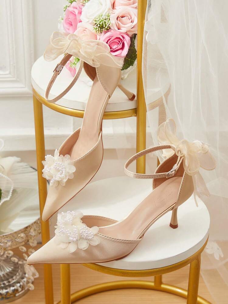 CUCCOO HITCHD Women Shoes Spring And Summer New Fairy Mesh Bow Pearl Flower Decoration Pointed Thin Heel Buckle 6cm Women's High Heel Shoes Gentle Elegance Satin Solid Color Banquet Dating Bridesmaid Shoes