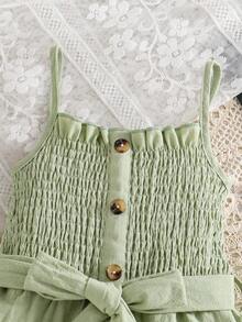 SHEIN Spring/Summer New Girls Young Casual Vacation Pure Cotton Cute Ruffled Strap Cinching Waist Bow Button Jumpsuit - Olive Green - View 3