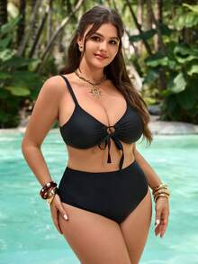 Swim Vcay 大码纯色系带比基尼上衣，休闲沙滩度假装 - 黑色 - 查看 5