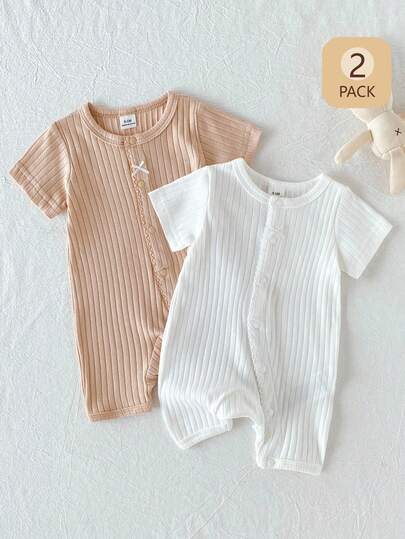 SHEIN Playful Pals 2pcs/Set Newborn Baby Girl Jumpsuit, Bowknot Front, Comfortable Ribbed Short Sleeve Romper, White & Pink, Cotton Moisture-Wicking, Suitable For Indoor And Outdoor Wear, Summer Newborn Outfits