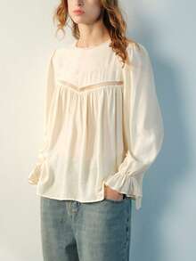 Maija Women's Apricot Lace Patchwork Round Neck Blouse, Autumn - Apricot - View 2