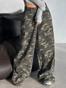 DAZY Women's Loose Fit Camouflage Denim Jeans, Korean Street Style Petite - Army Green - View 1