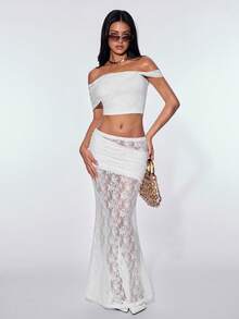 SHEIN ICON Chân váy đuôi cá ren hoa xếp ly eo dành cho nữ, gợi cảm và thời trang. - trắng - Xem 5