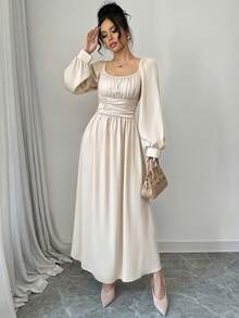 Modelyn 女士杏色梭织长袖褶裥A字优雅连衣裙，春夏款 - 杏色 - 查看 3