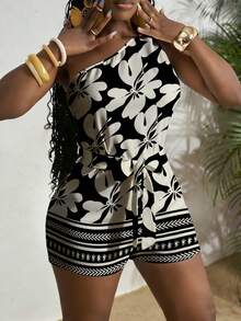 Slaydiva 春夏新款音乐节西部波西米亚风复活节纳什维尔生日派对毕业学生日常休闲度假邮轮海滩日光浴潮流单肩扭腰收腰纹理面料收腰显瘦白色女式连体裤瑜伽连体裤女式连身裤单肩连身裤女式连体裤碎花连体裤 - 彩色 - 查看 3