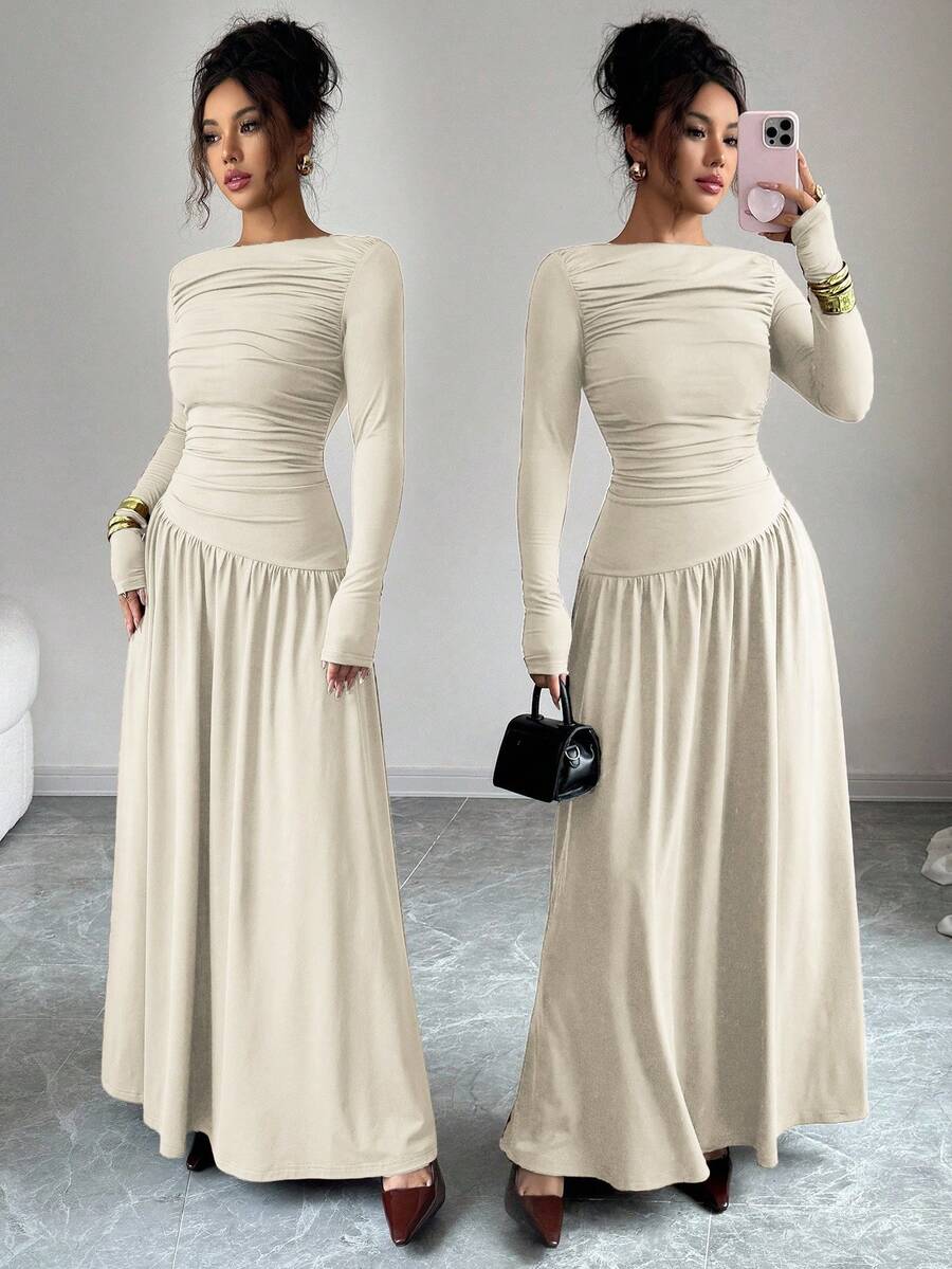 Elenzga Abito lungo a maniche lunghe in maglia di seta di latte, con spalle scoperte, plissettatura frontale in vita, linea ad A, stile elegante romantico francese, adatto per ufficio, pendolarismo, streetwear, autunno/inverno - Albicocca - Visualizzare 1