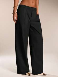 SHEIN Tall CURVE 大码女式纯色牙签条纹宽松阔腿休闲裤 - 黑色 - 查看 8