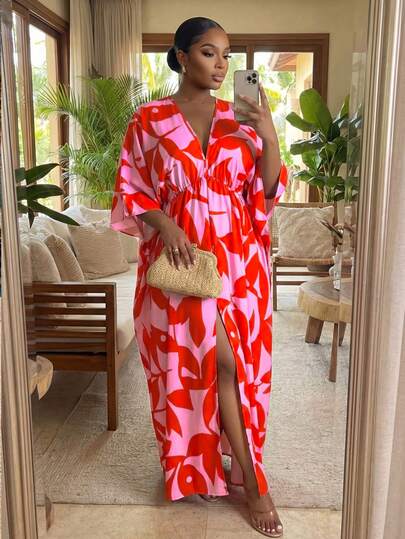 SHEIN Lady Plus Size Casual Vacation Floral Print Dress Graduation Ceremony Graduation Dress Spring Casual Dresses For Women Graduation Dress Women  Valentine Summer Summer Clothes Summer Clothes  Spring Dress Summer Dresses  Elegant Dresses Elegant Dresses For Women  Vacation Vacation Dress Summer Dresses For Women Casual Women's Dresses  Pink  Pink Dress Red Plus Size Resort Wear Curve Vacation Outfit Curve Maxi Dress Curve Swim Cover Up