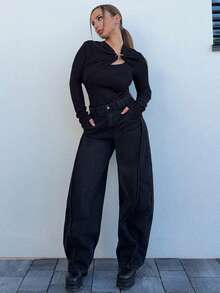 Jeta Ari 蓝色锥形裤腿时尚牛仔裤，适合秋季、冬季、春季、新年、派对、婚礼、优雅、时尚、潮流、圣诞节、节日、假日、外出、休闲等场合。 - 黑色 - 查看 6