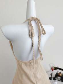 Elamini 深V领露背系带优雅性感A字连衣裙，春夏款 - 卡其色 - 查看 2