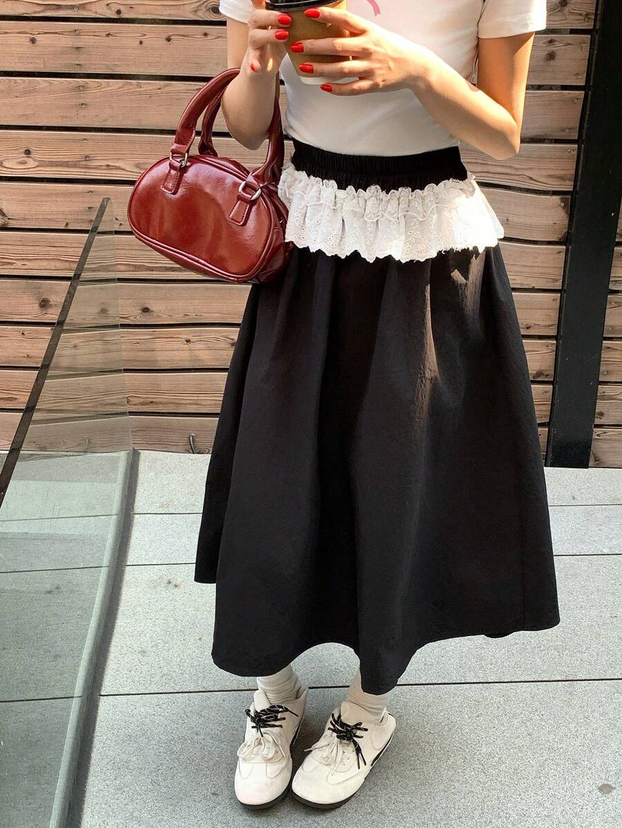DAZY Rok Kasual Wanita dengan Blok Warna dan Hiasan Renda, Musim Semi/Panas - Hitam - View 1