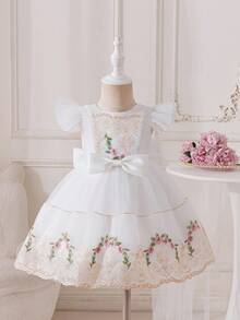 Glamorique Kids Baby Girls' Embroidered Lace Tulle Dress With Bow Decor, Puff Skirt, High-End Satin Baby Birthday Party Dress For Wedding, Travel, Banquet, Party Summer Elegant Baby Dress Elegant Toddler Dress Baby Garden Dress - Beige - View 8