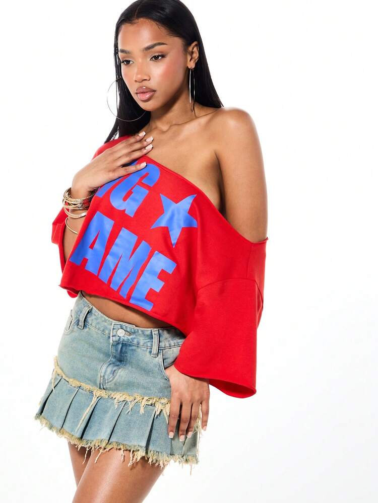 SUMWON Off Shoulder Cropped Graphic Tee With Big Name Print Long Sleeve Red Cotton Blend Top For Casual Summer Outings